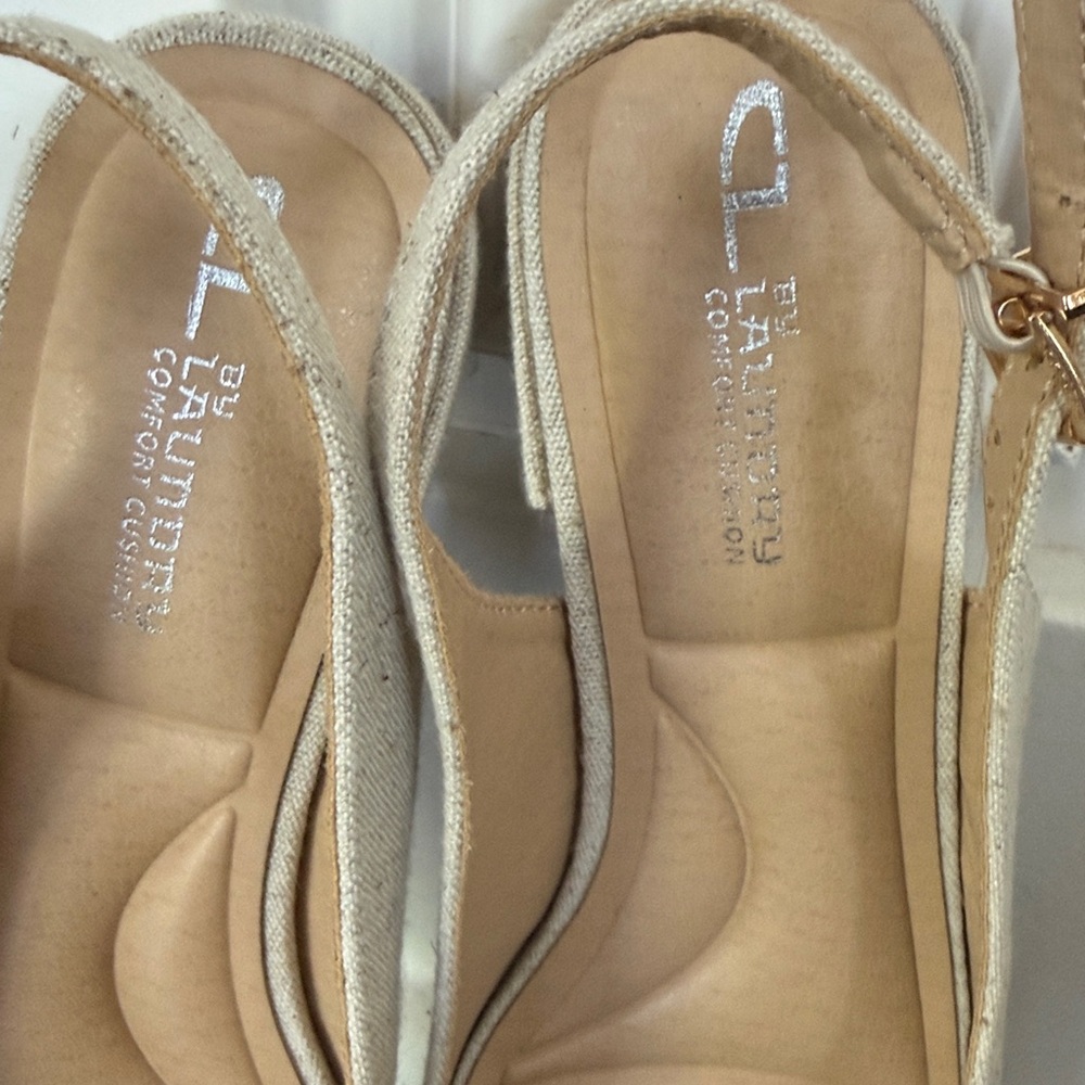 CL by Laundry Cream Linen-Look Slingback Sandals with Buckle Accent 7.5 - Picture 3 of 9